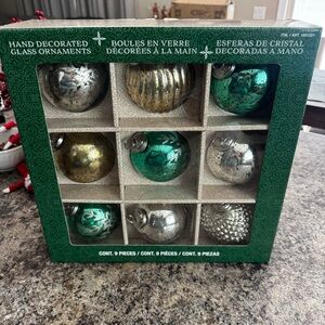 Hand Decorated Glass Ornaments 9 Pieces  Green and Gold 4 inch